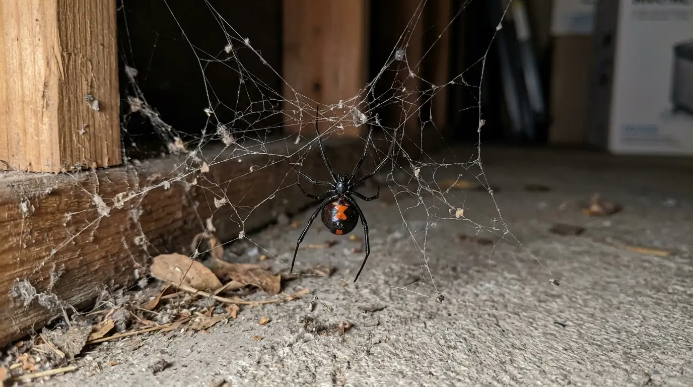 Black widow web in a Conroe garage corner