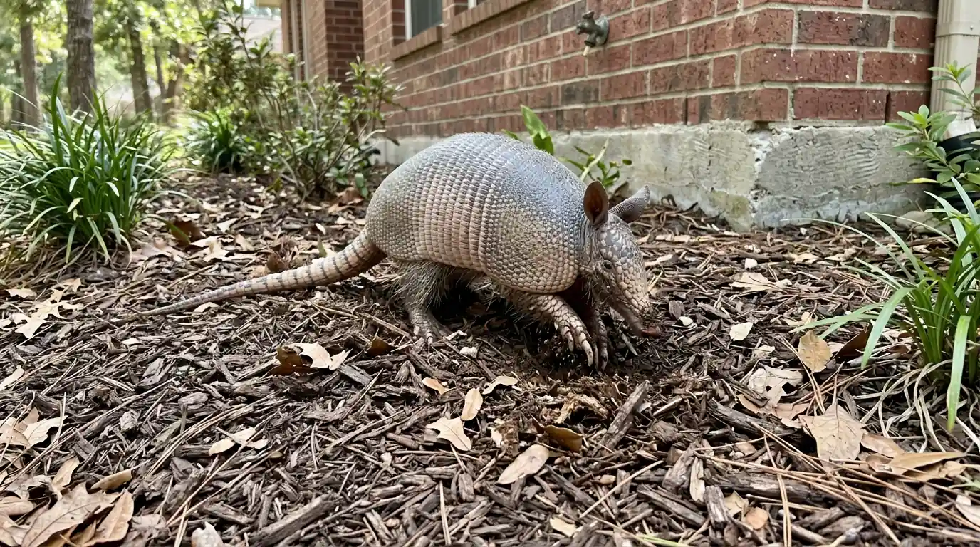 Armadillo digging along a Conroe foundation