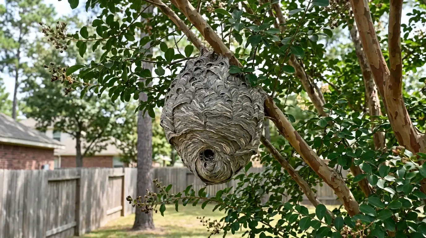 Baldfaced hornet nest in a Conroe crepe myrtle