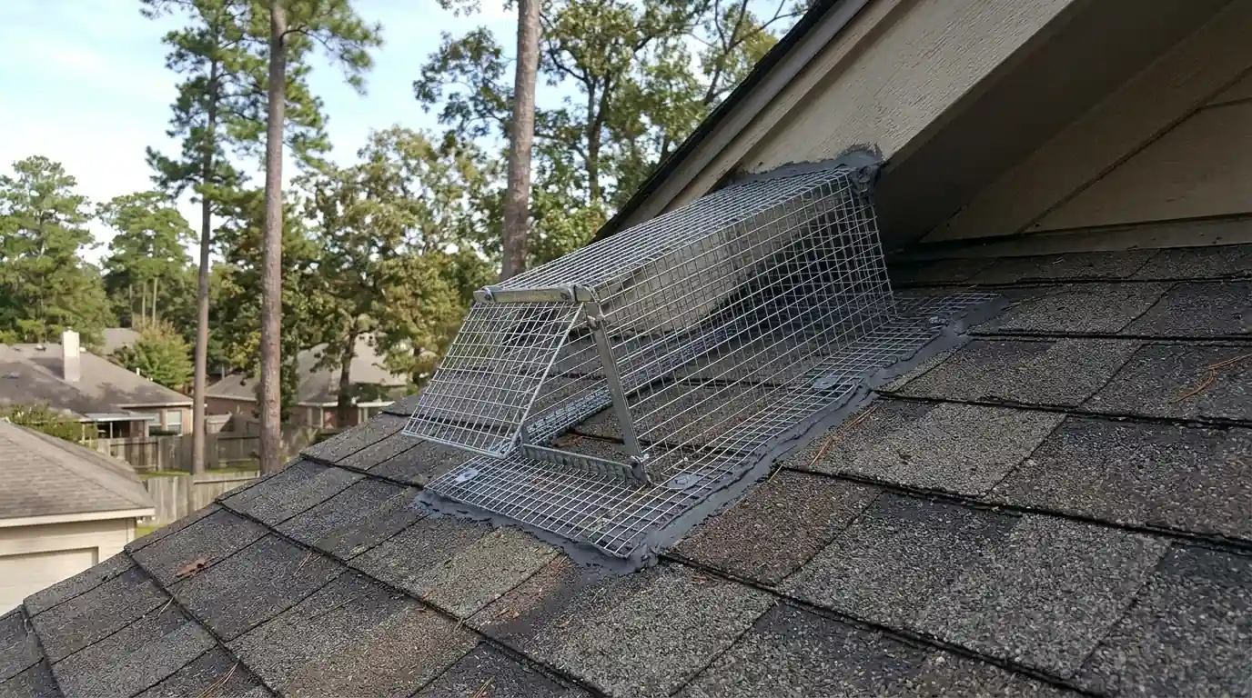 One-way squirrel exclusion door on a Conroe roof