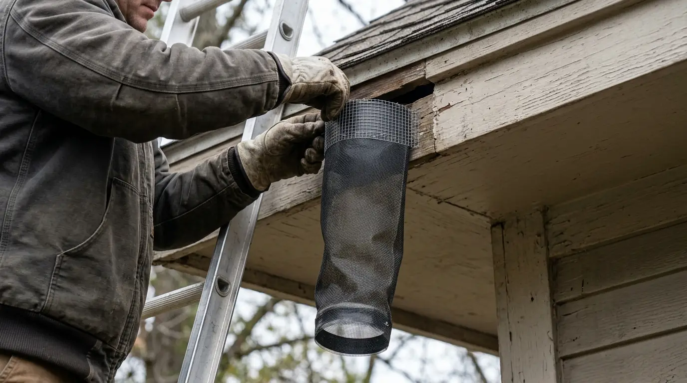 One-way bat exclusion device on a Conroe roofline