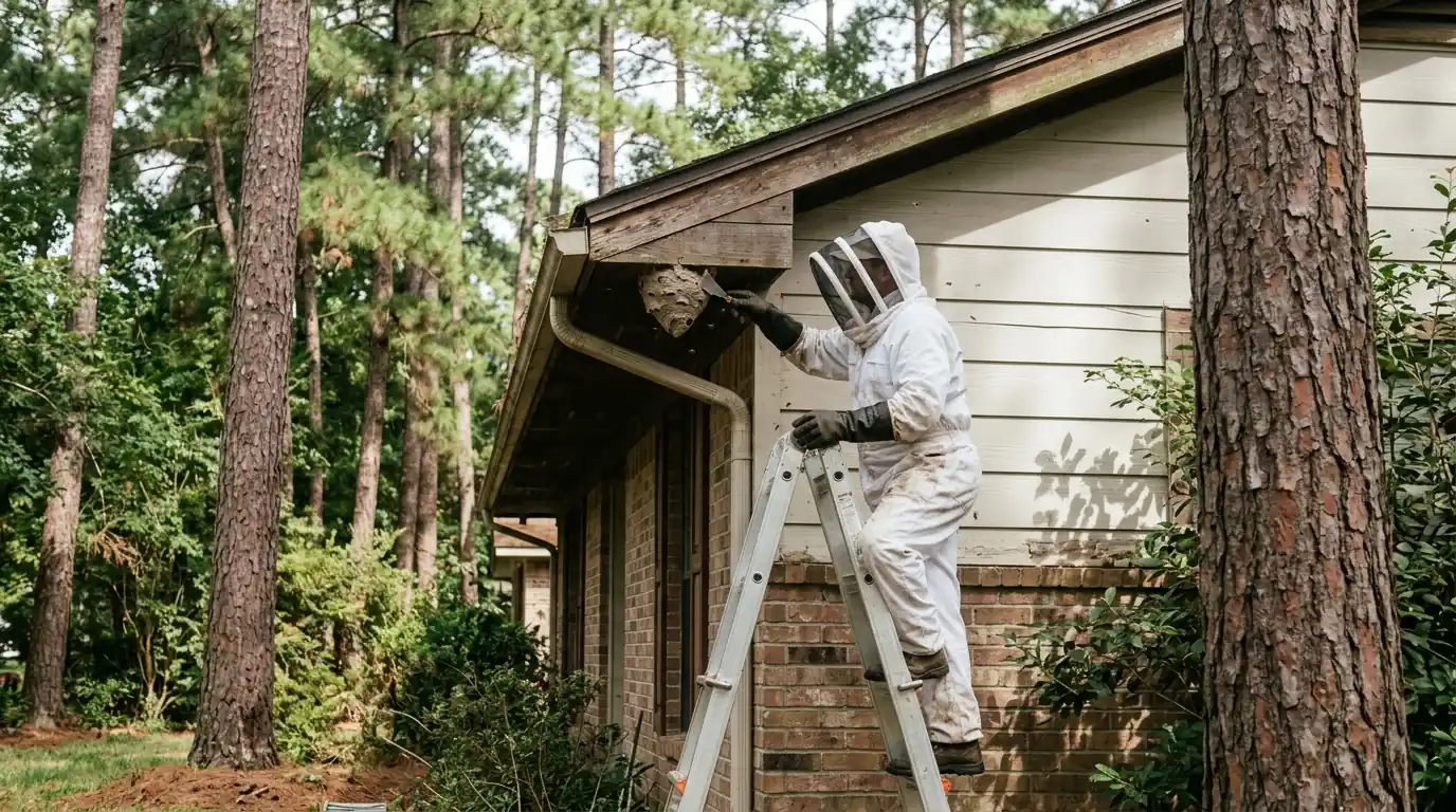 Wasp nest removal from the eaves of a Conroe house