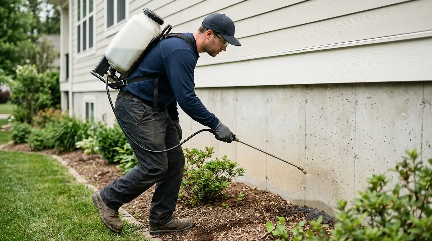 Quarterly perimeter treatment at a Conroe home foundation