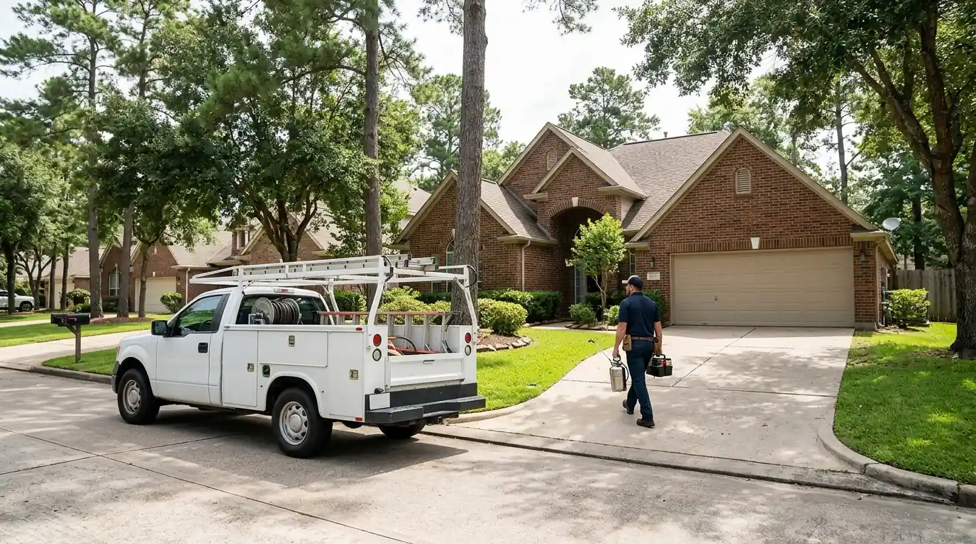 Conroe Exterminator technician arriving for a service call in Conroe