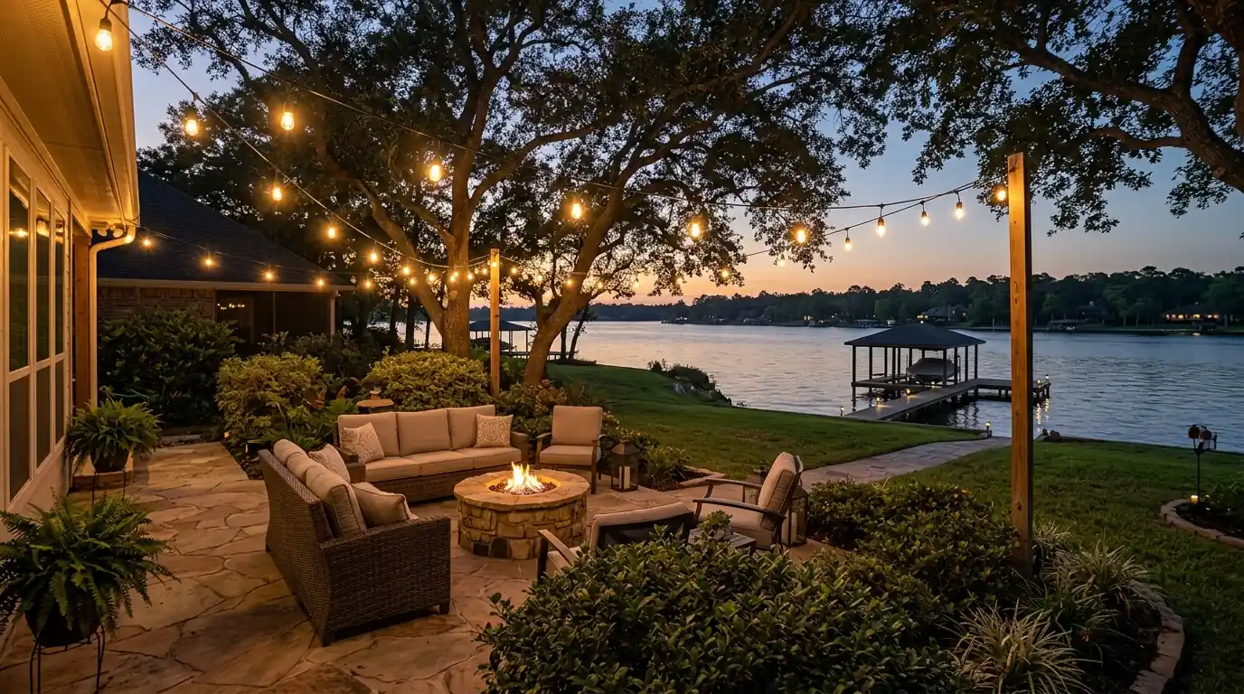 Lakeside patio at dusk near Lake Conroe