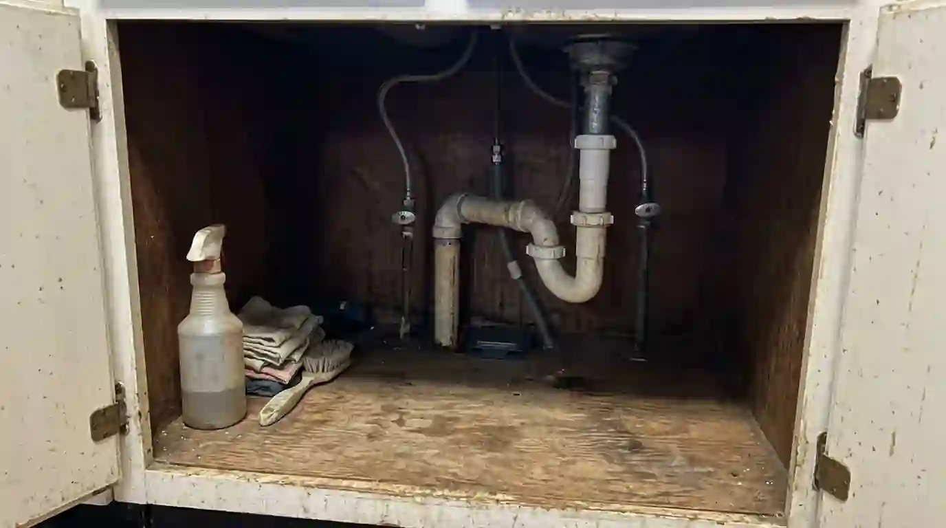 Under-sink ant bait station in a Conroe home