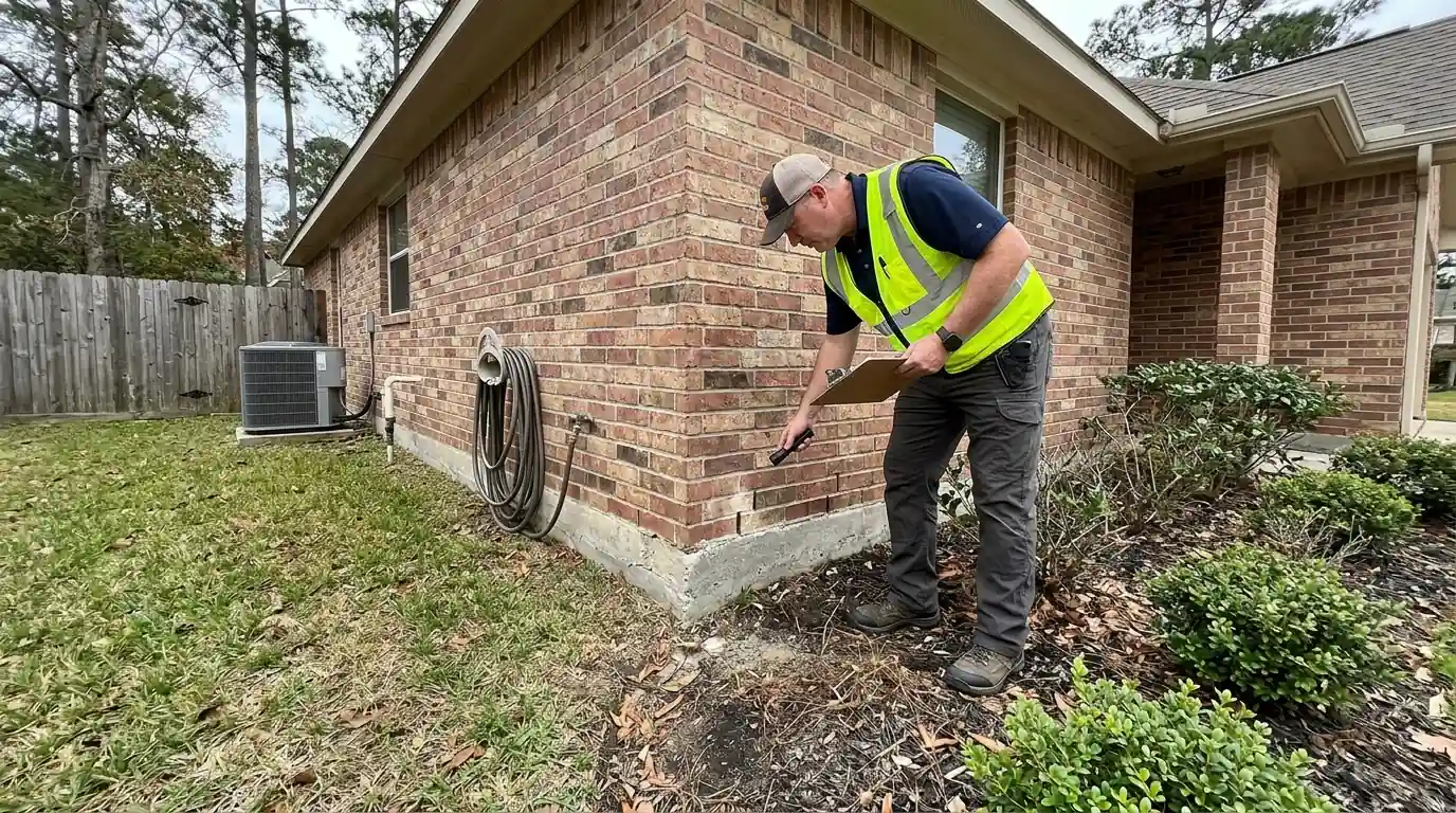 Exterior foundation check during a Conroe pest inspection