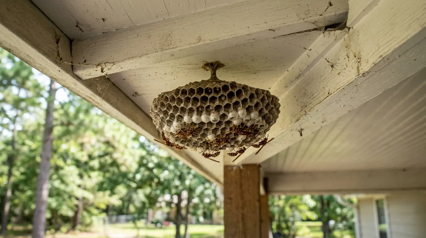 Paper wasp nest under a Conroe porch eave