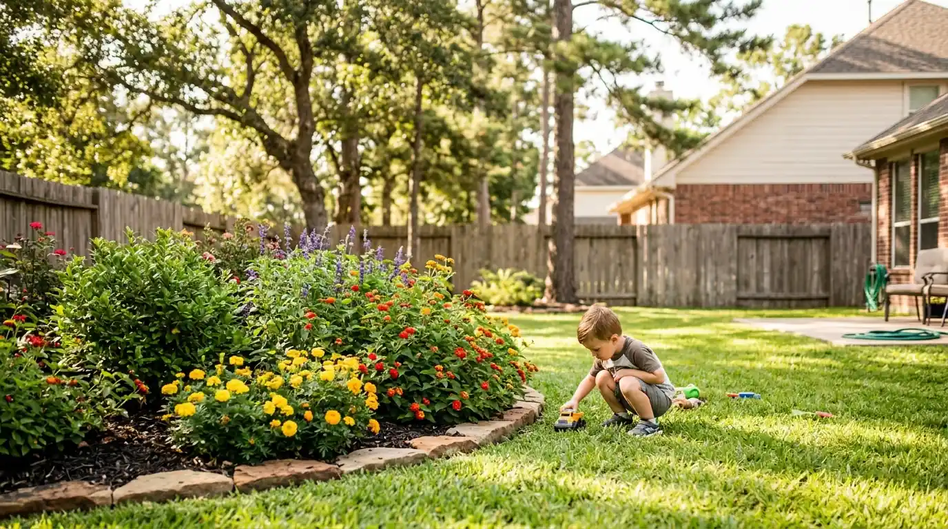Kids playing in a treated Conroe backyard