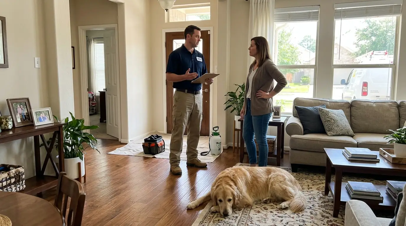 Talking through pet safety before a Conroe pest treatment