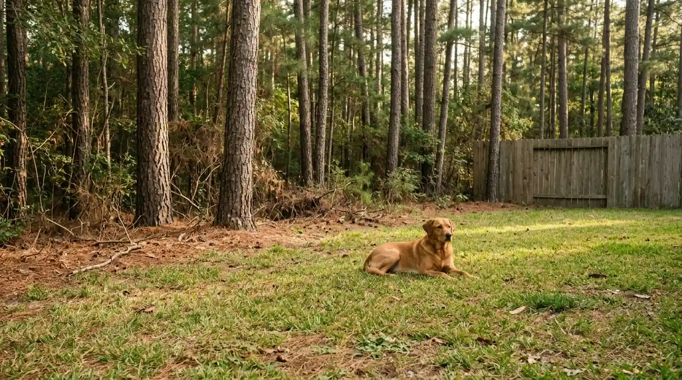 Dog in a Conroe backyard near the tick-prone wood line
