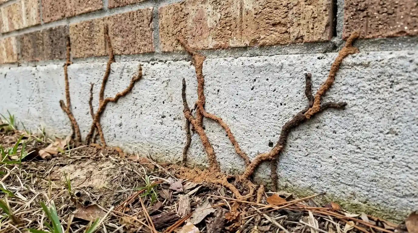 Subterranean termite mud tubes on a Conroe home slab foundation