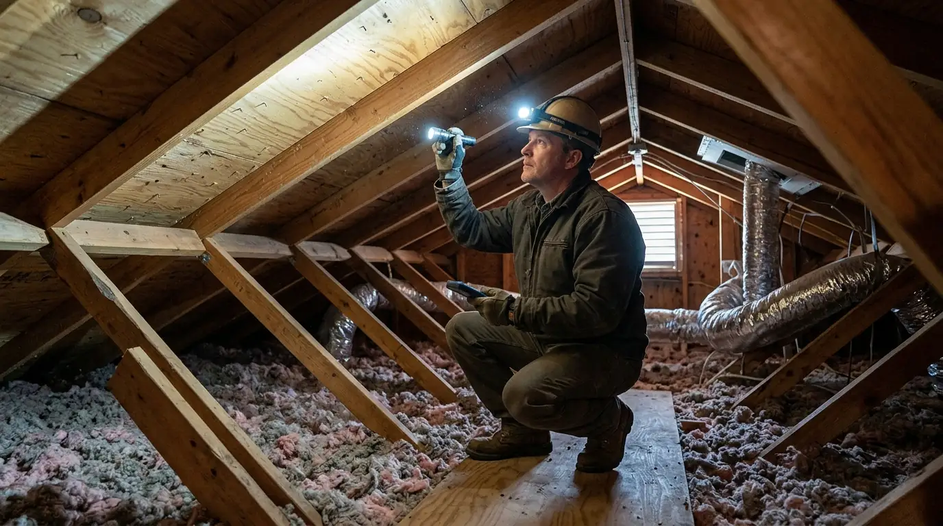 Attic framing checked for drywood termite evidence in Conroe