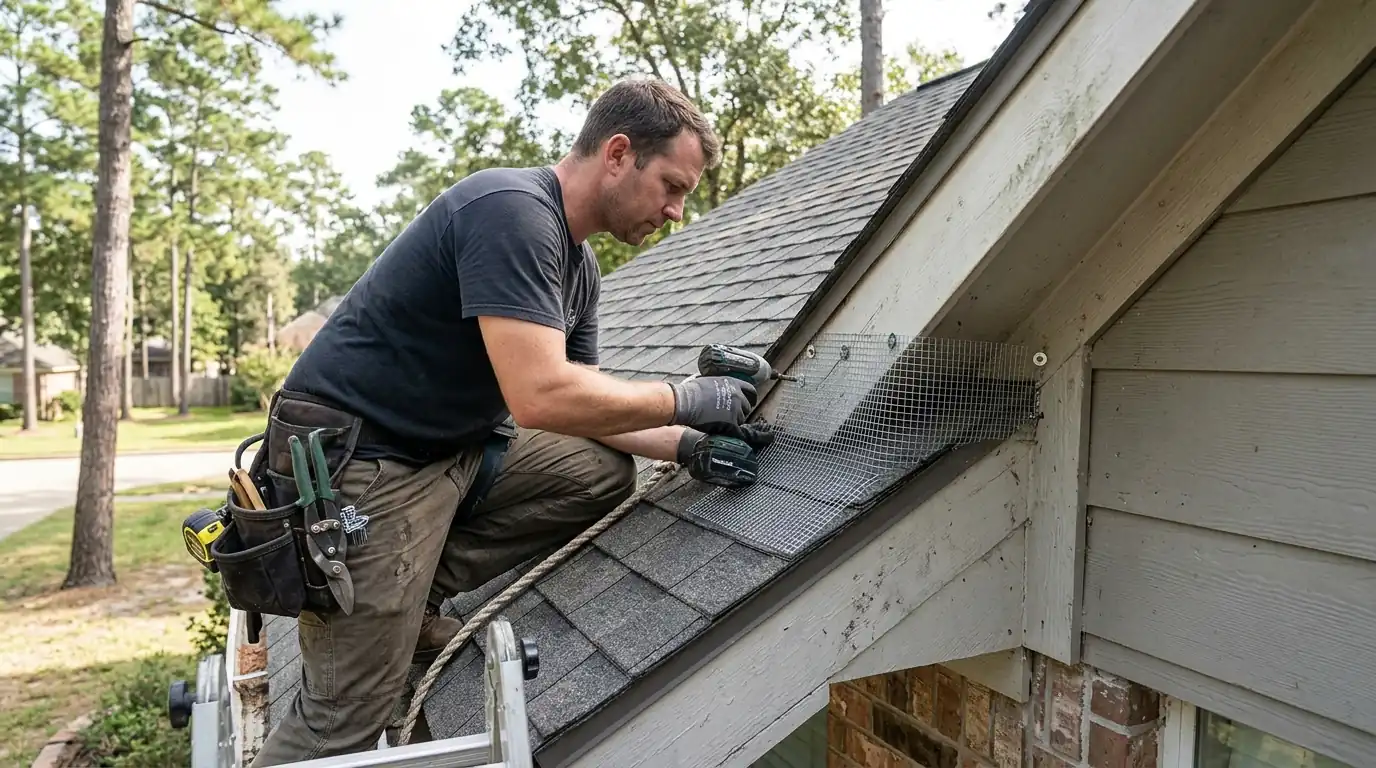 Roofline rodent exclusion on a Conroe home