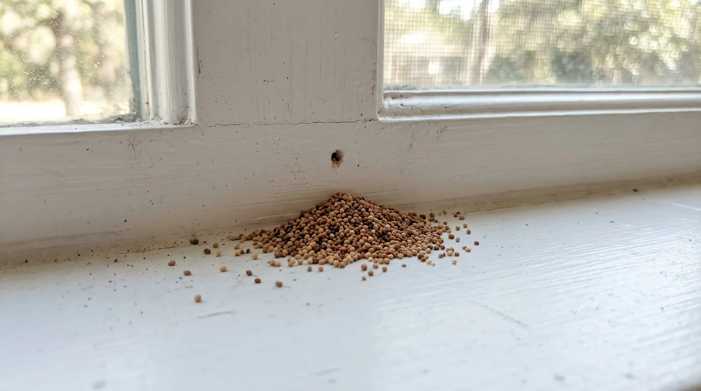 Drywood termite frass pellets on a Conroe window sill