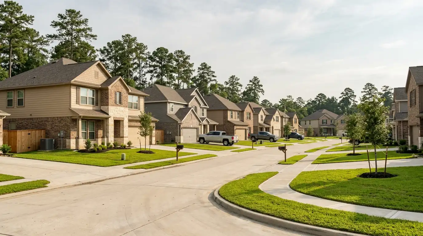 New homes and young lawns in Artavia, Conroe