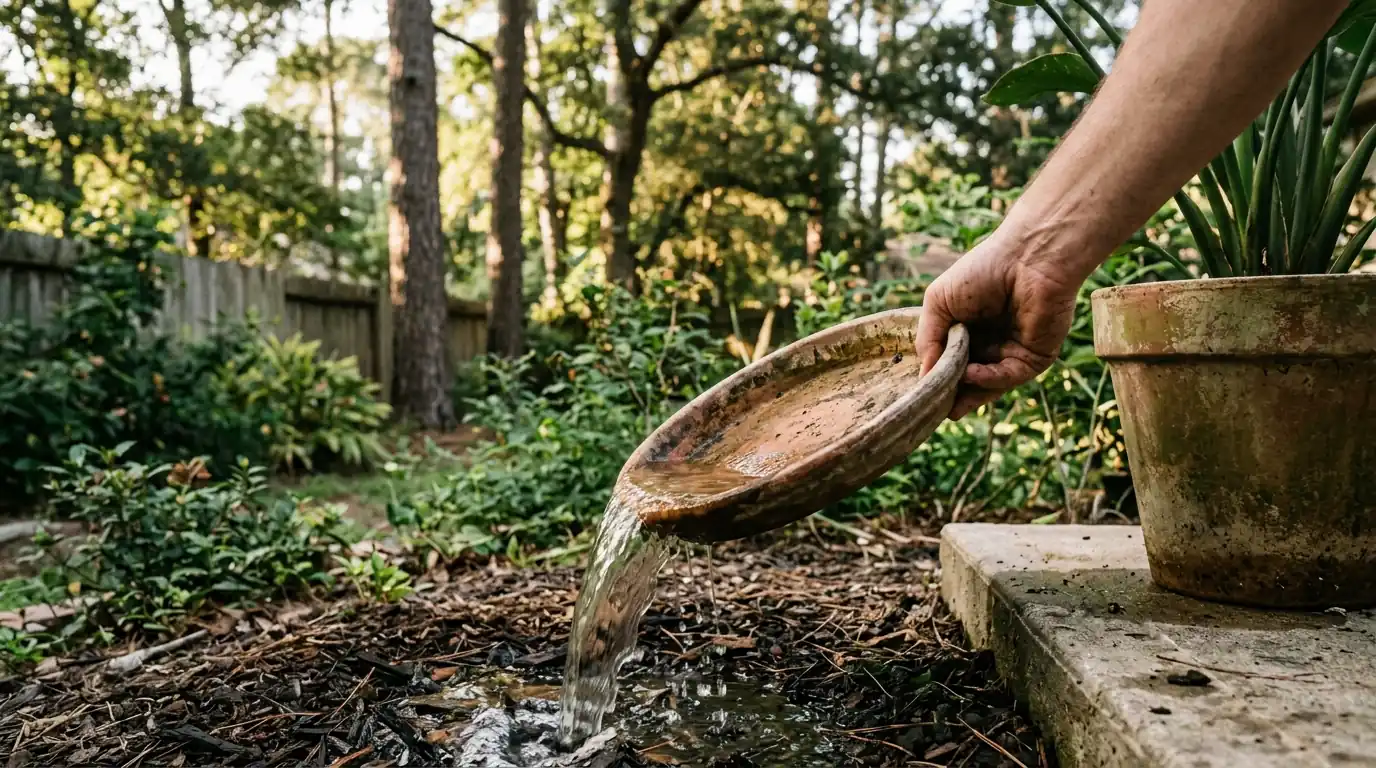 Tip-and-toss mosquito prevention in a Conroe yard