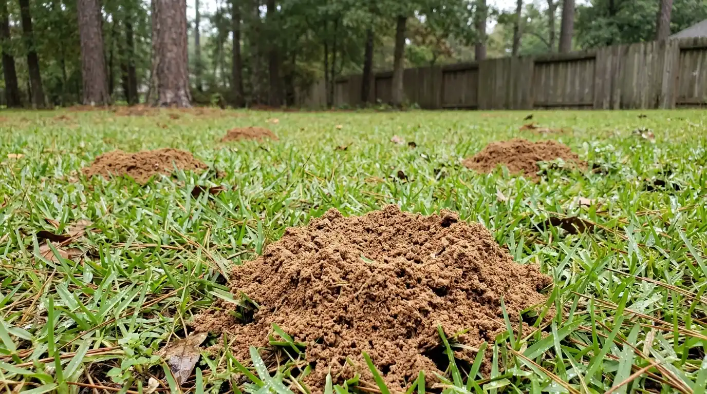 Fire ant mounds across a Conroe lawn after rain