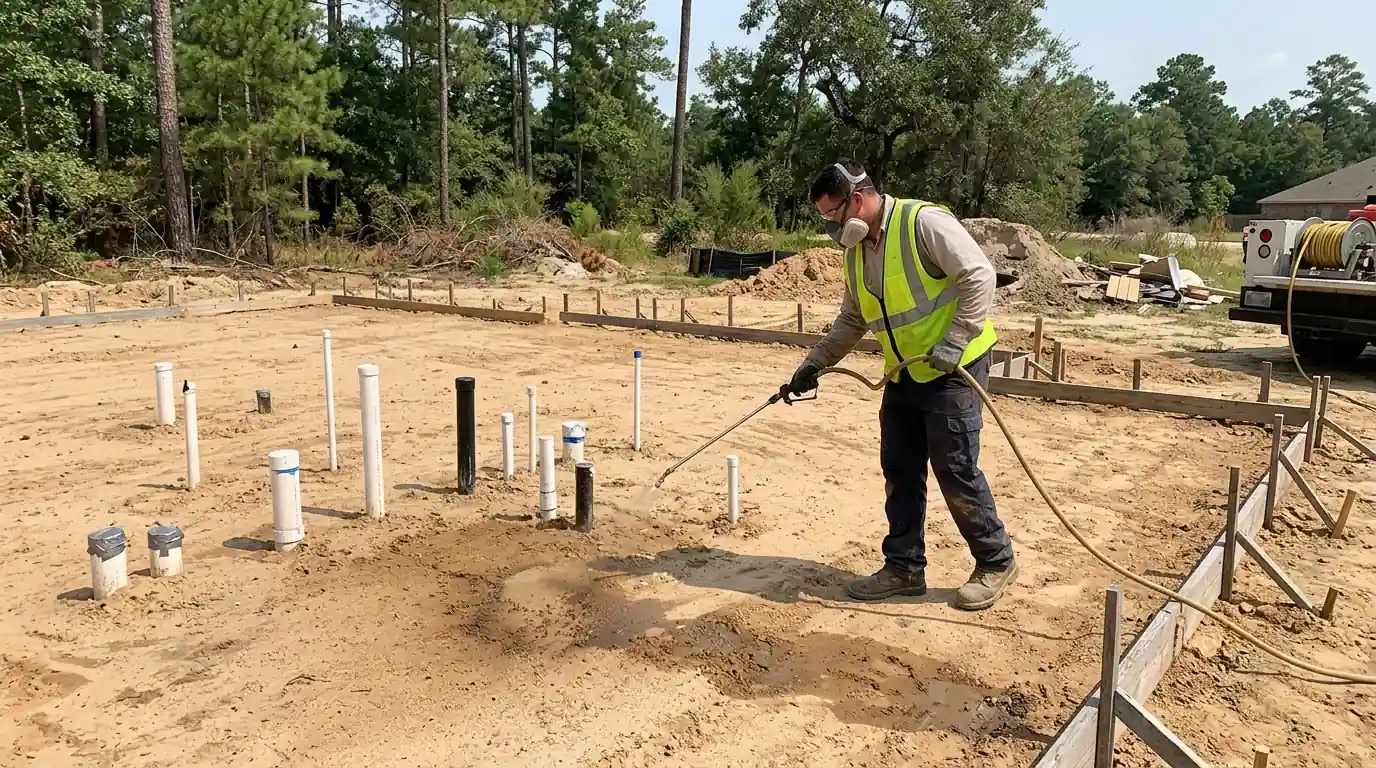 Pre-construction termite soil treatment on a Conroe area building pad