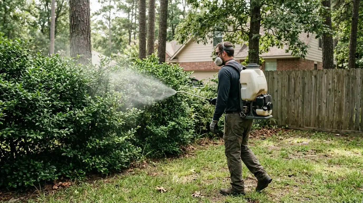 Mosquito barrier treatment on Conroe yard foliage