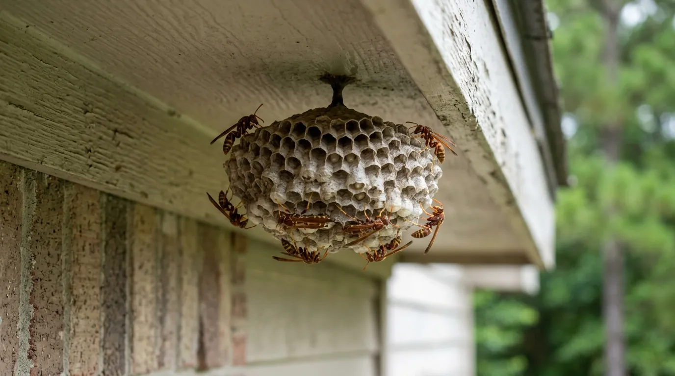 Paper wasp nest under a Conroe home's eave