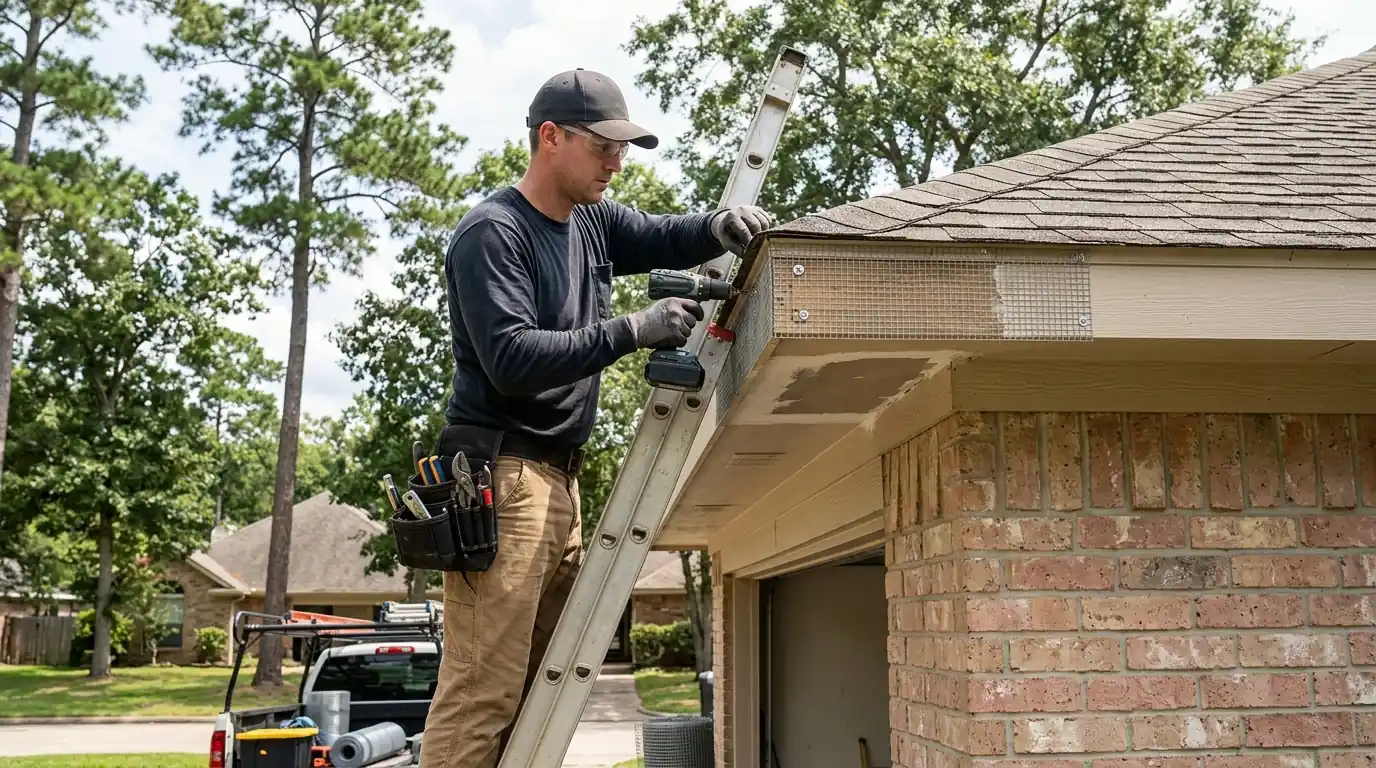 Soffit repair after raccoon removal in Conroe