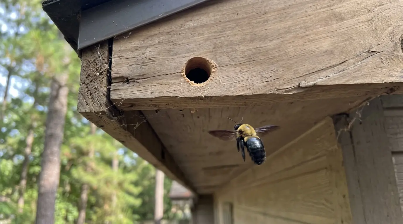 Carpenter bee gallery in a Conroe fascia board