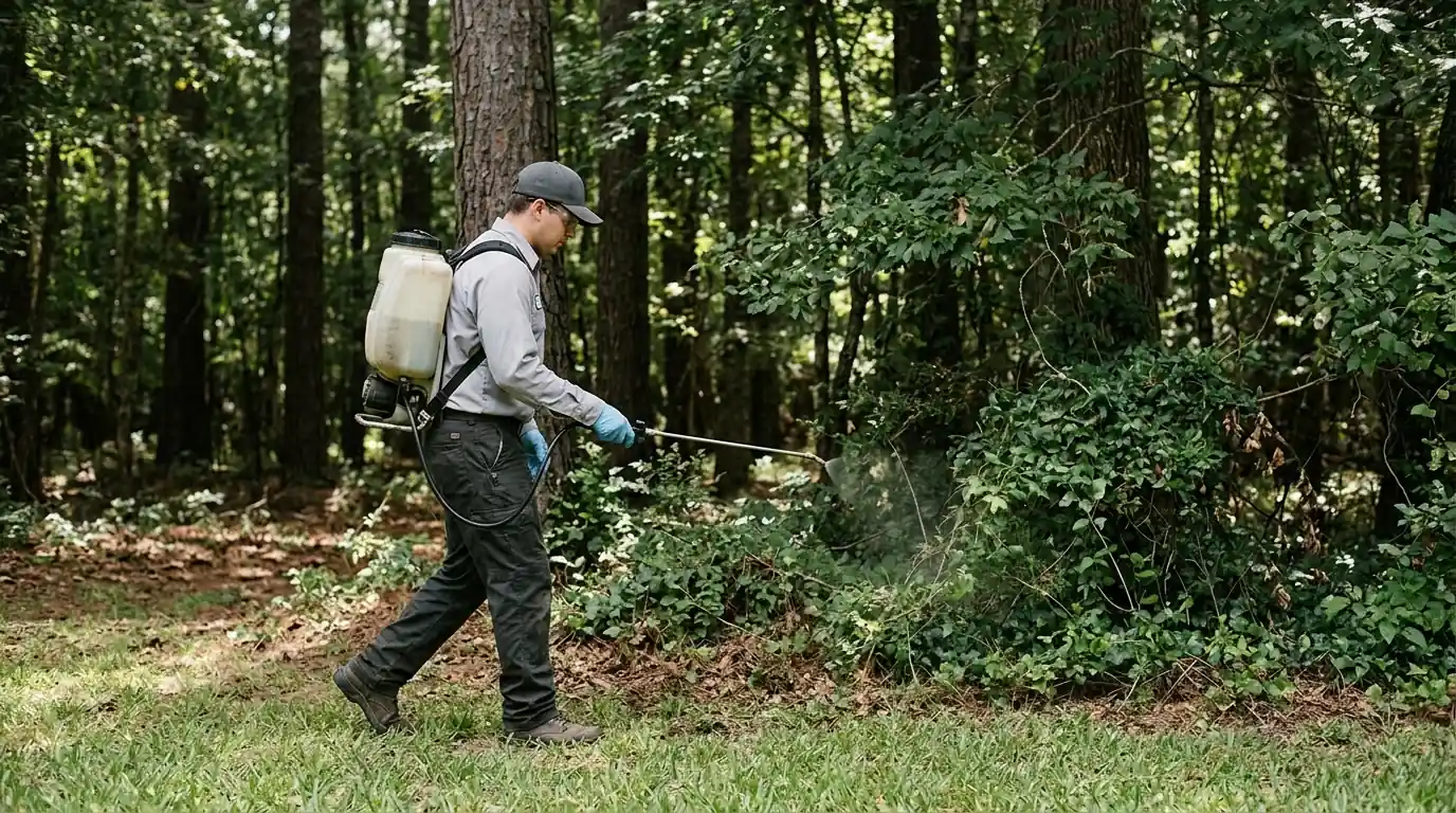 Tick treatment along a Conroe wooded yard edge