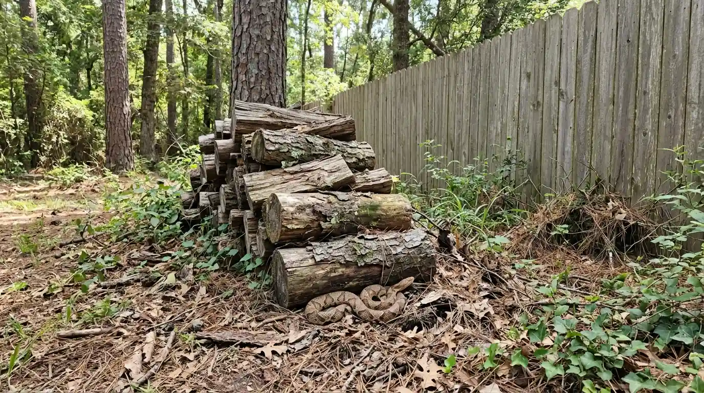 Snake habitat in a woodpile at a Conroe home