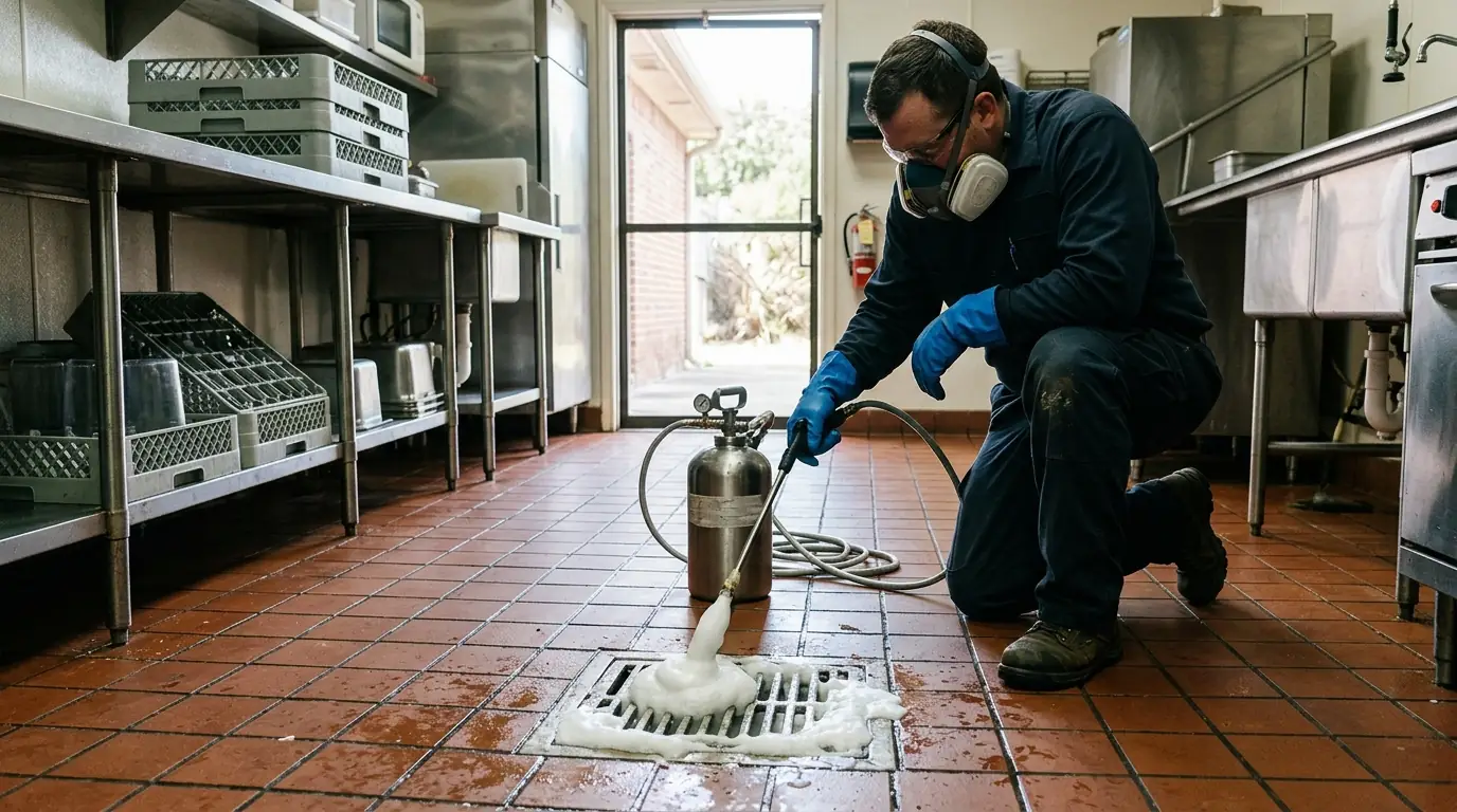 Floor drain treatment for flies in a Conroe kitchen