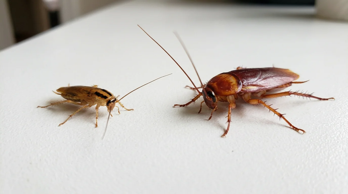 German cockroach next to a palmetto bug