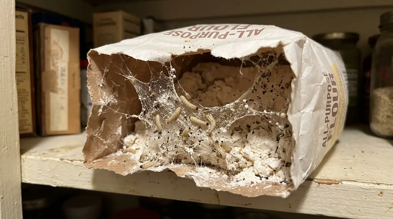 Pantry moth webbing in flour in a Conroe kitchen