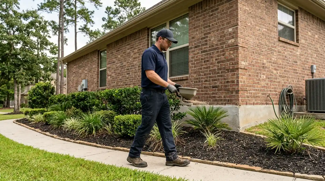 Yard granule treatment in a Conroe landscape bed