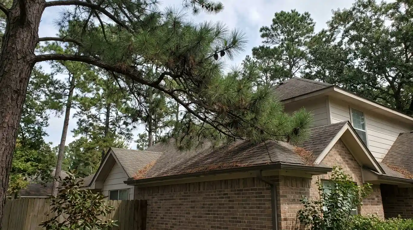 Overhanging branch giving squirrels roof access in Conroe
