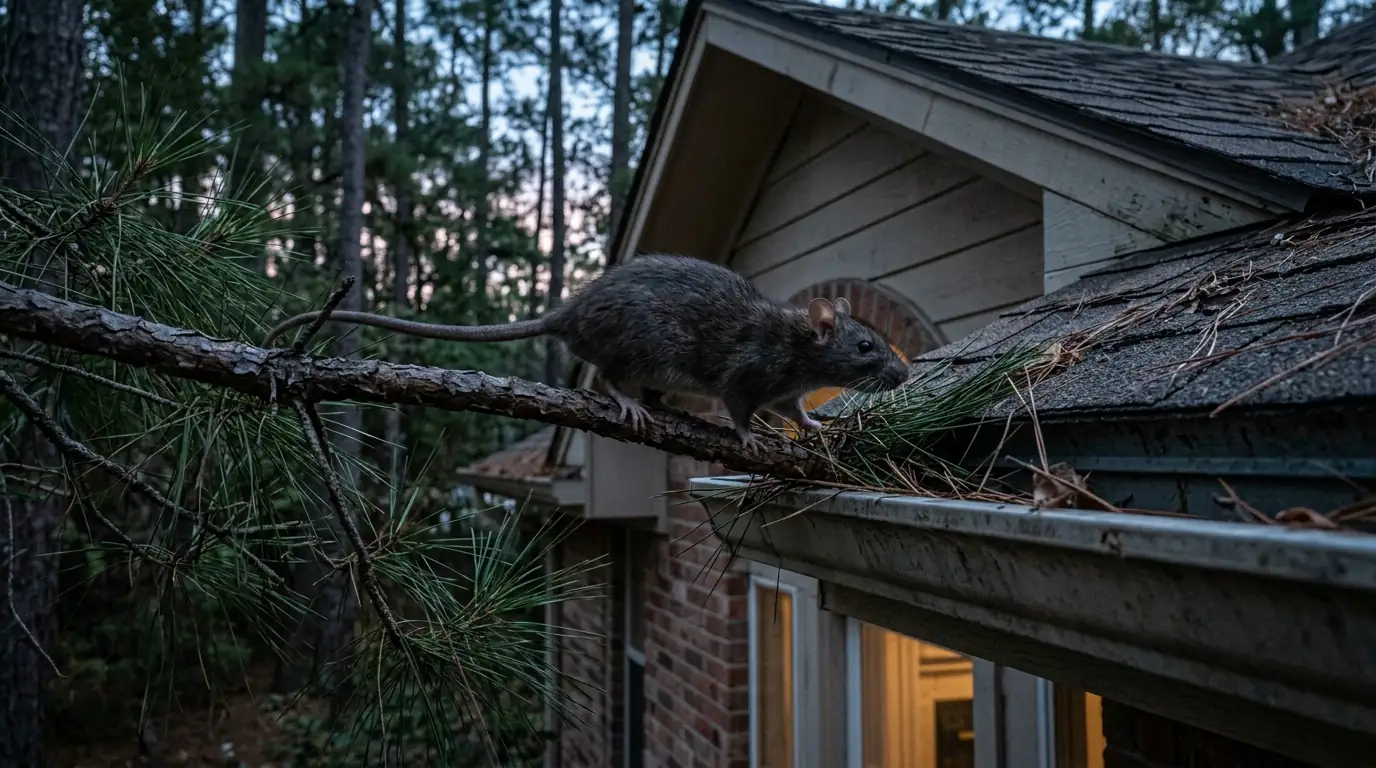 Roof rat crossing from a pine branch to a Conroe roof