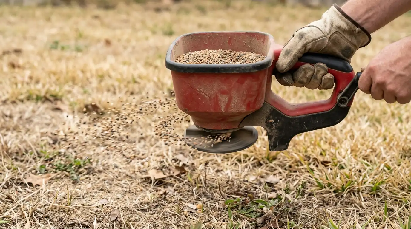 Broadcasting fire ant bait on a dry Conroe lawn
