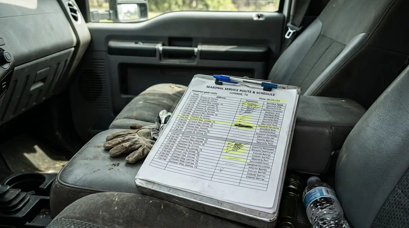 Seasonal visit schedule for a Conroe quarterly pest plan