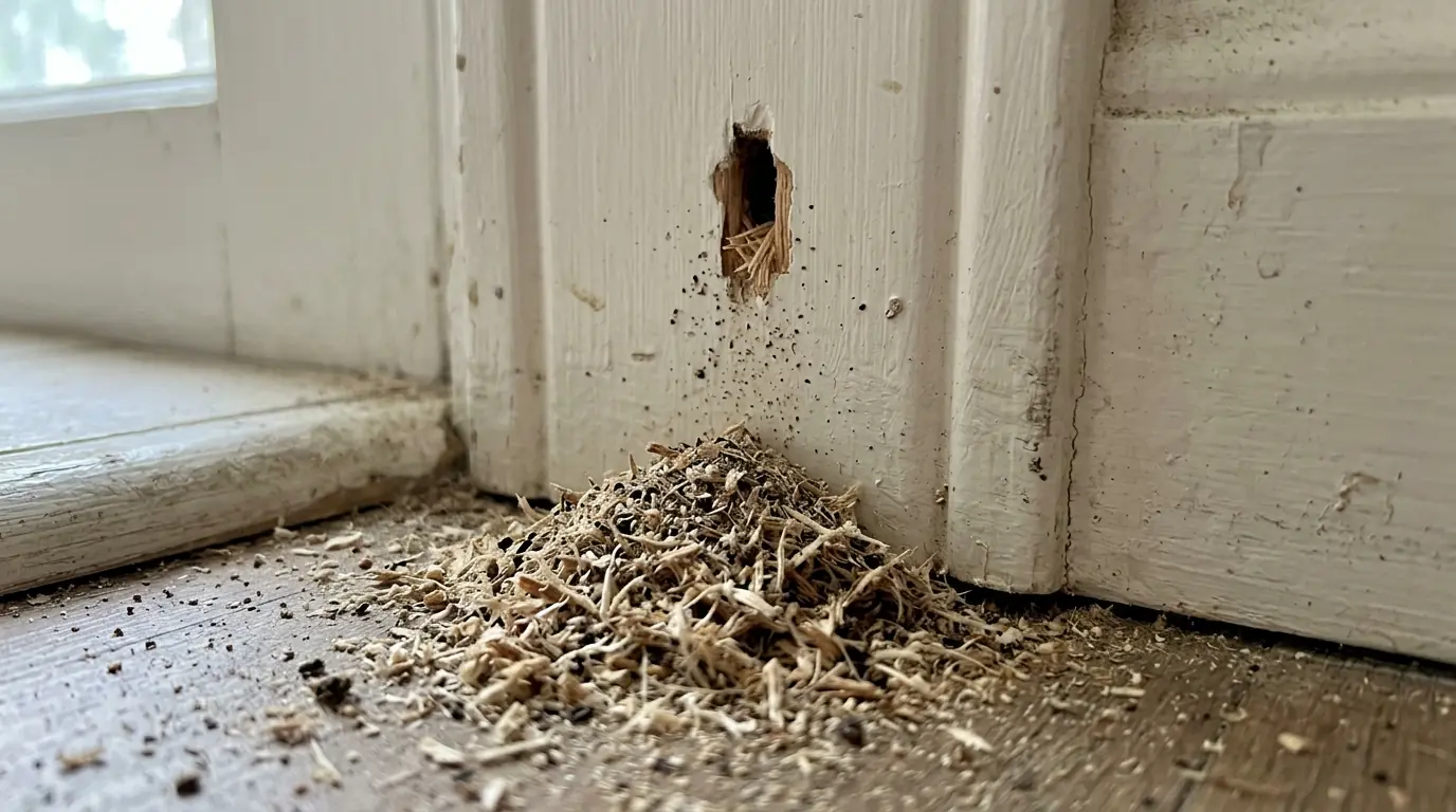 Carpenter ant frass below a kick-out slit in Conroe
