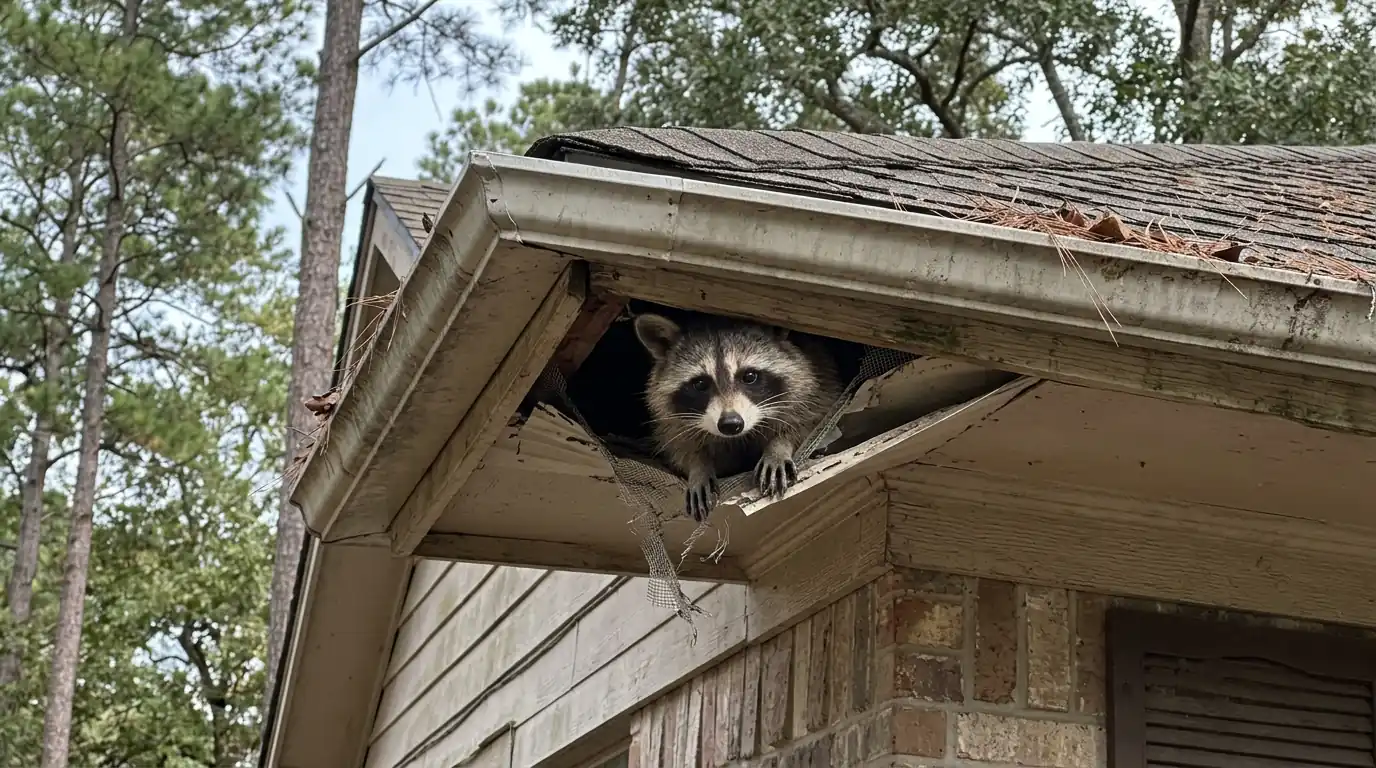 Raccoon at a torn soffit on a Conroe home