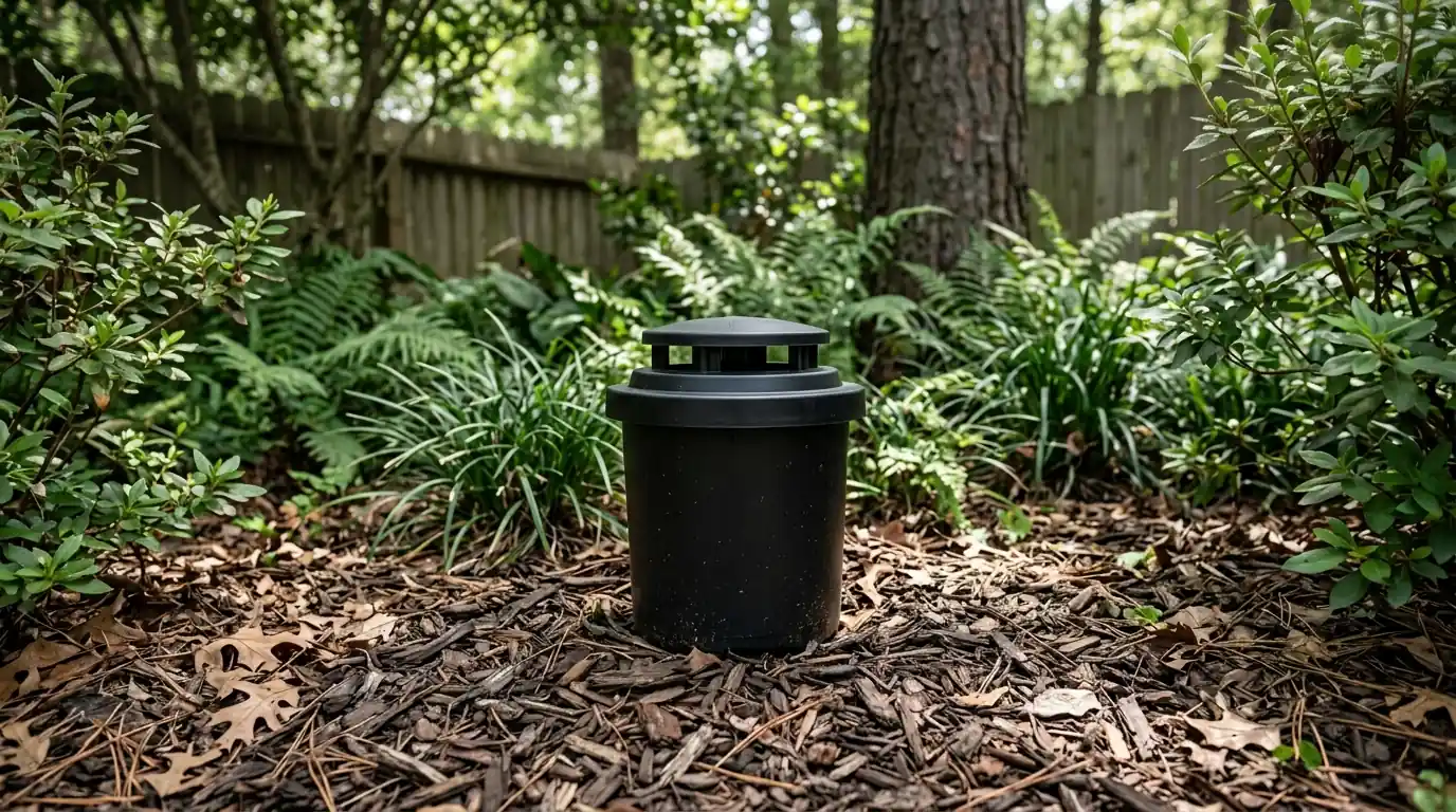 In2Care mosquito station in a shaded Conroe bed