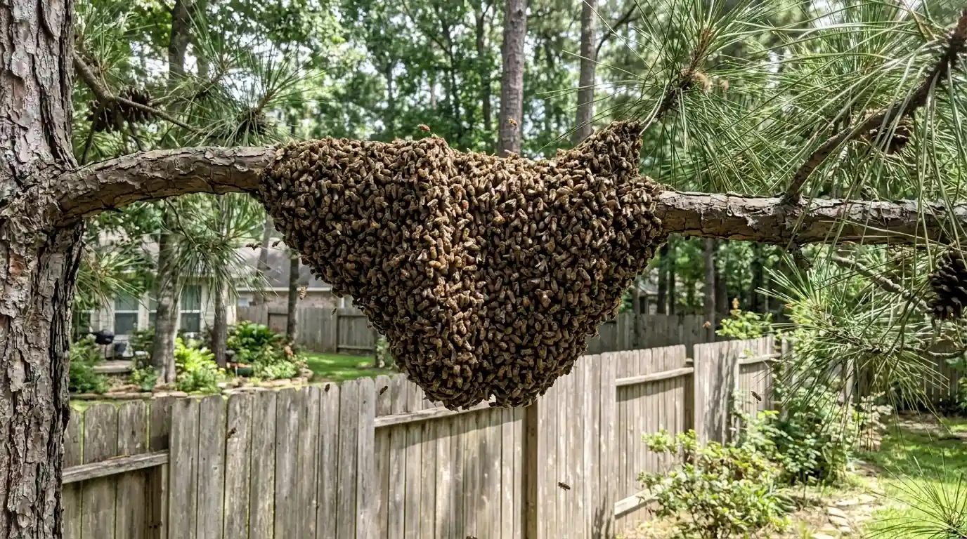 Honeybee swarm resting on a branch near a Conroe home