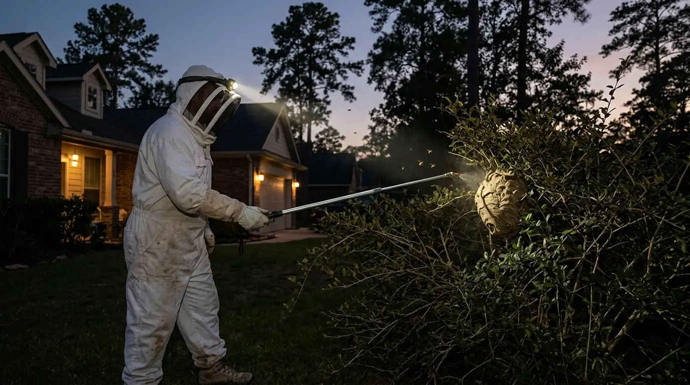 Hornet nest treatment in a Conroe hedge at dusk