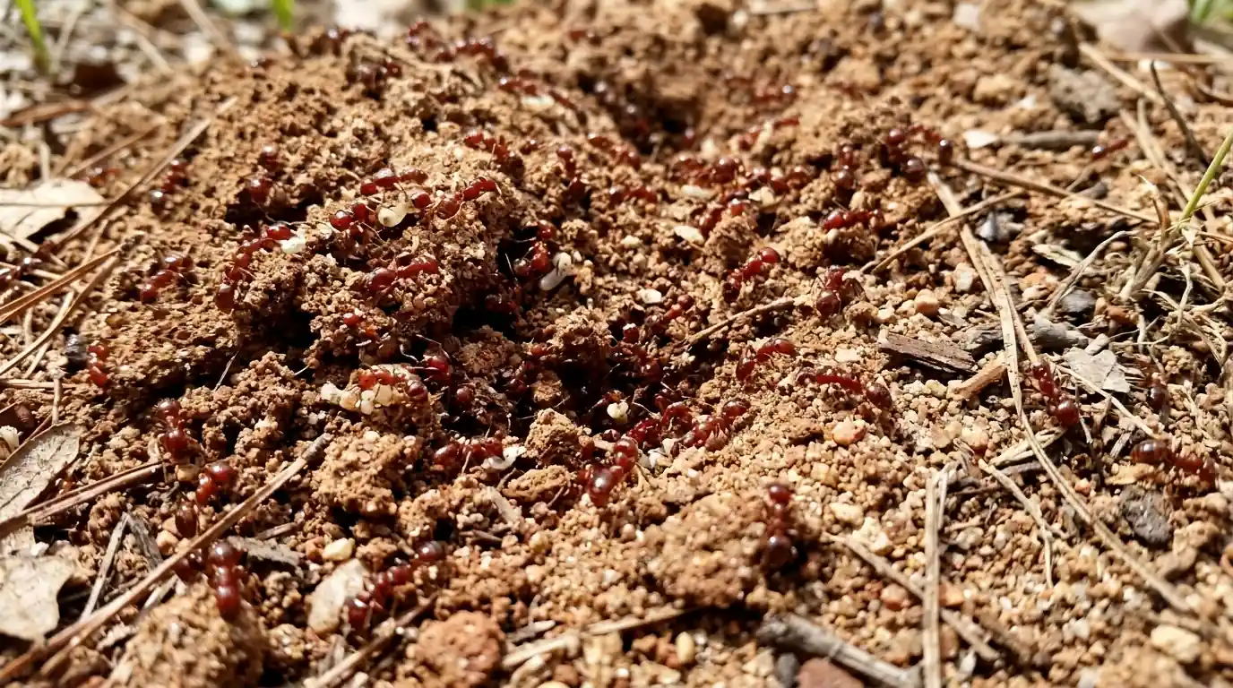 Fire ants boiling out of a disturbed mound in Conroe