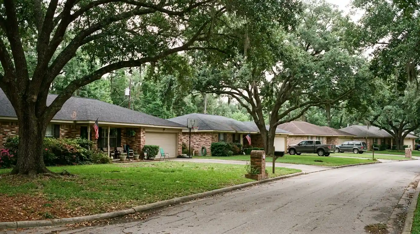 Older north Harris County neighborhood with mature trees