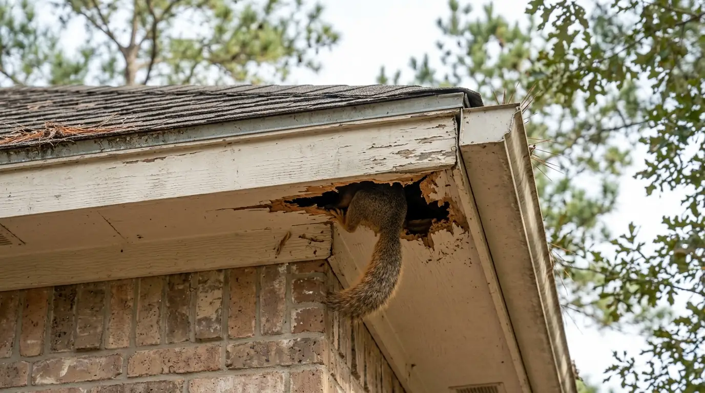Squirrel entering a gnawed soffit in Conroe