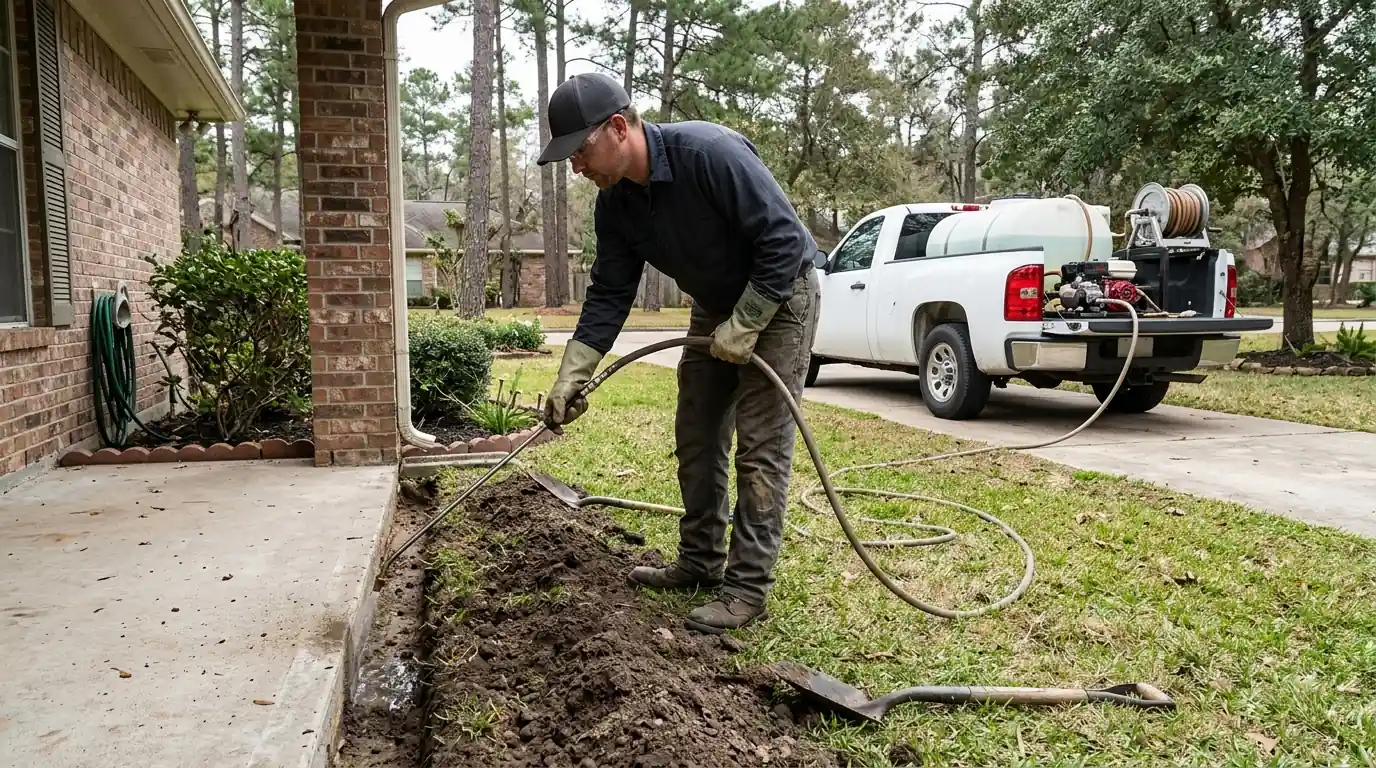 Liquid soil barrier termite treatment along a Conroe foundation