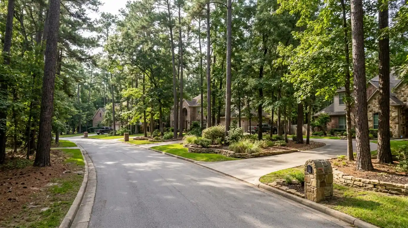Wooded street in Graystone Hills, Conroe