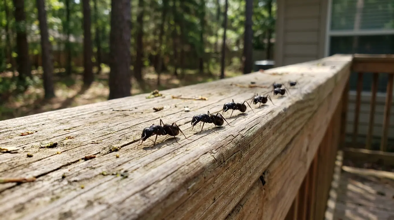 Carpenter ants trailing a deck rail at a Conroe home
