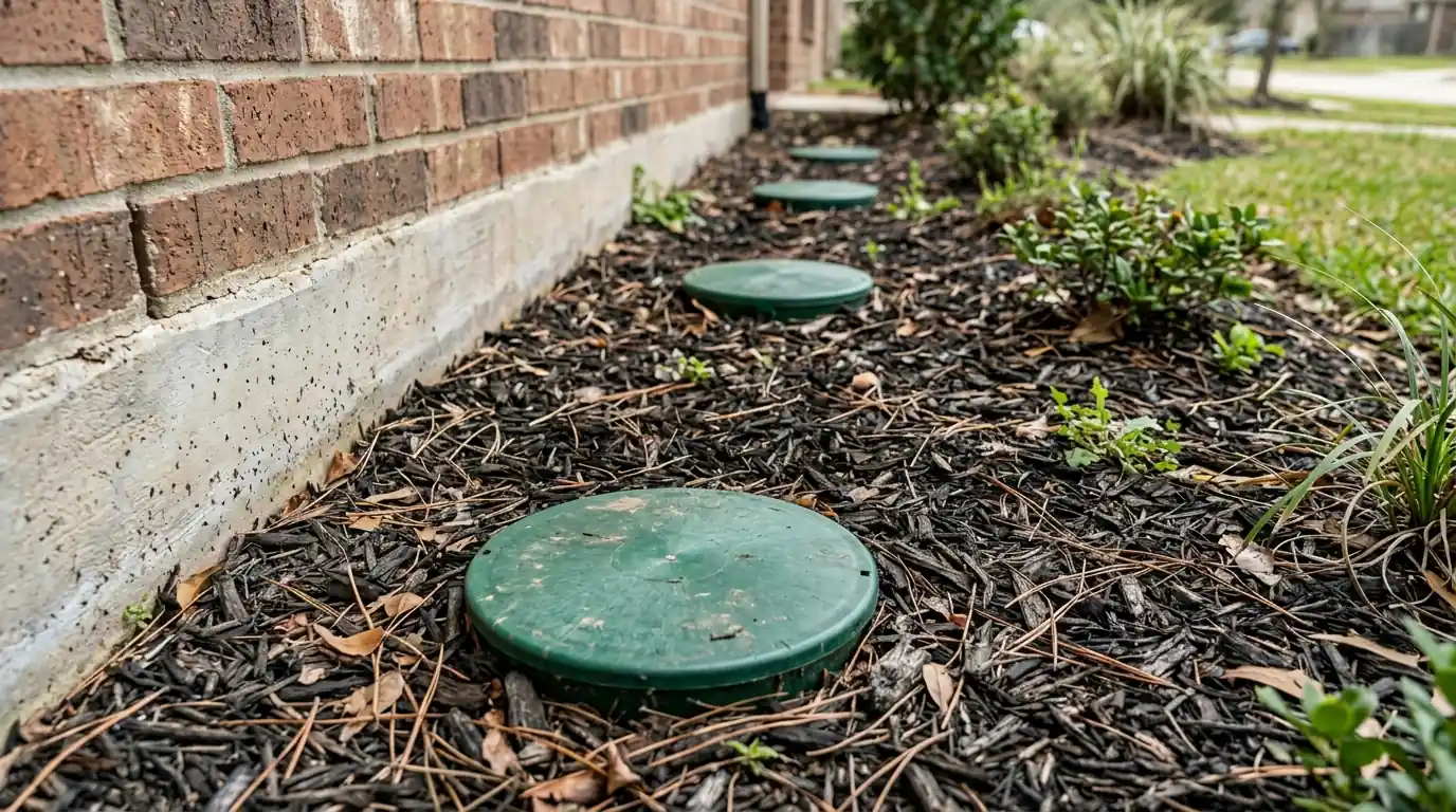 Bait station ring along a Conroe foundation bed