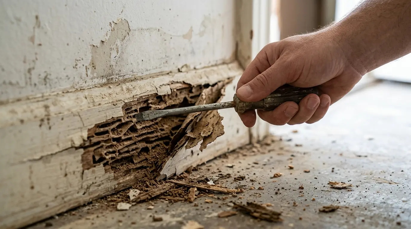 Probing termite-damaged trim in a Conroe home